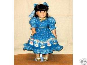 American Girl Doll Clothes Blue Border Holiday Dress and Gold Shoes 