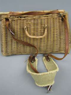 Vintage WICKER FISHING CREEL Basket w/ Leather Strap  