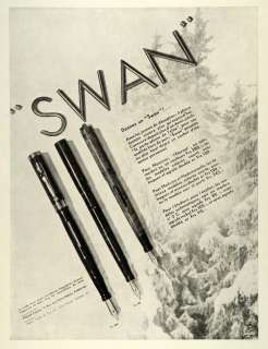 1931 Ad Polak Freres Swan Fountain Pens Paris France Snow Pine Trees 