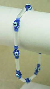 Blue Evil Eye & White Blue Moonglow Glass Bead Bracelet  