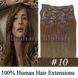 22 Indian remy Clips in human hair extensions 100g/set, #10 medium 