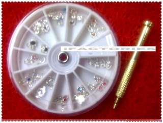 Mixed Design Nail Art Acrylic Tips Glitters Metal Rhinestones Wheel 