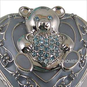 Valentine Heart Teddy Bear Bejeweled Trinket Ring Box Blue Collectible 