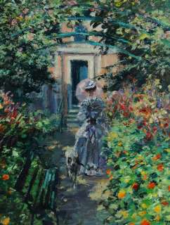 Hans Joseph Wilhem Becker Impressionist Lady w/ dog Floral Garden 