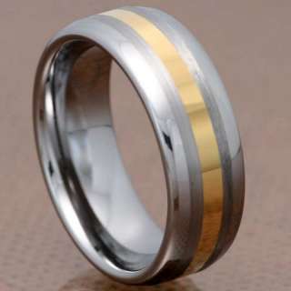 Gold GP Stripe Inlay Tungsten Carbide Brush/Polish Edge Band Mens 