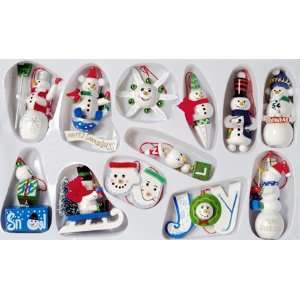  Set Of 12 Wooden Miniature Snowman Christmas Holiday 