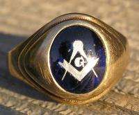 Vintage Mens 10k Yellow Gold Masonic Emblem Ring with Blue Spinel sz 