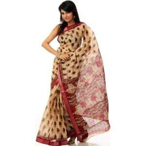  Beige Sari from Bangalore with Printed Paisleys   Pure 