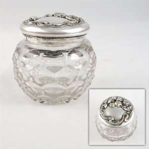    Dresser Jar, Glass w/ Silverplate Lid Flower Design