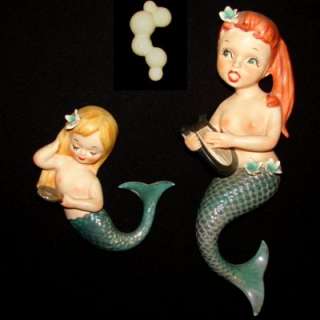 Vintage Lefton Mermaid Girl Fish Sisters Wall Plaque Hangings for 