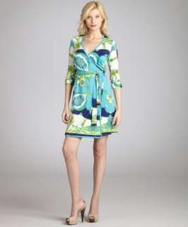 JB by Julie Brown blue and green crown print jersey wrap dress