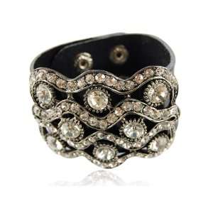   Crystal Rhinestone Stud Design Black Leather Wrist Cuff Band Jewelry
