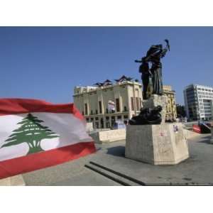 Lebanese Flag and the Martyrs Statue in the Bcd, Lebanon, Middle East 
