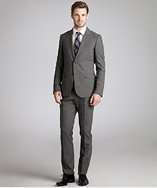 Gucci grey wool blend 2 button suit with flat front pants style 