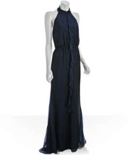 Vera Wang Lavender Label navy silk chiffon ruffle halter gown 