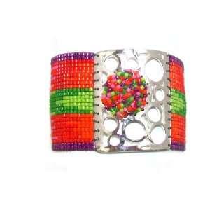   Multi Colored Mesh Glass Seed Beaded Cuff Bracelet with Flower Cluster