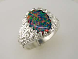 Mens Created Yellow Black Opal Eagle Ring Sterling Silver  