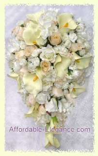   ~ Wedding Set Silk Flowers Bridal Bouquets Cascade Roses Calla Lily