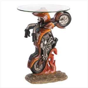  Motorcycle Bike Sculptural Glass Top Accent End Table 