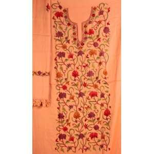  Coral Salwar Kameez Suit from Kashmir with All Over Floral 