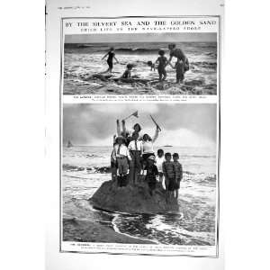 1921 CHILDREN SANDY BEACH SEA SIDE SAND CASTLE BUCKETS SPADES COLOUR 