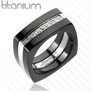 Solid Titanium 2 Tone Black Titanium Plated Multi CZ Square Ring Fr 