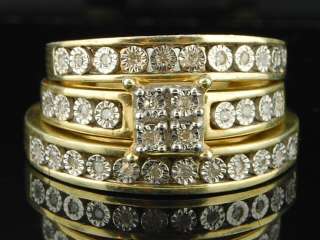  Gold Finish Diamond Engagement Ring Wedding Band Trio Set  