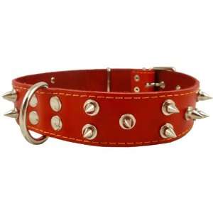  Real Leather Red Spiked Dog Collar Spikes, 1.6 Wide. Fits 