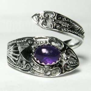  Sterling Silver Victorian Spoon Ring with Amethyst 