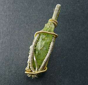 Green Kyanite Reversible Silver Gold Wire Wrap Pendant  