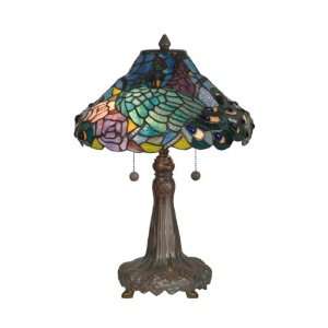   Tiffany Table Lamp, Dark Antique Bronze Verde Grn and Art Glass Shade