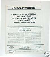GREEN MACHINE Parts Operating Manual Back Pack 4600  