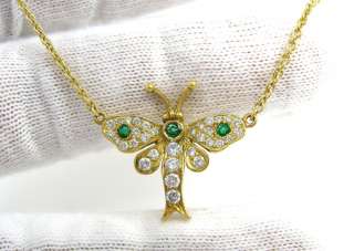   61ct Diamond & 0.10ct Emerald Moth Butterfly 18K Yellow Gold Necklace