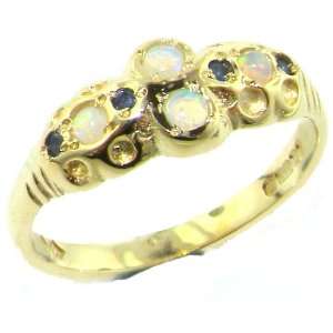 9K Yellow Gold Womens Opal & Sapphire Vintage Style Band Ring   Size 7 