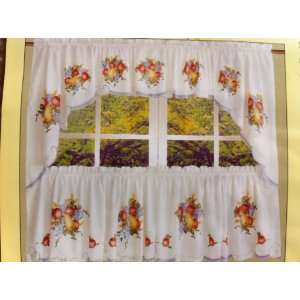  Kitchen Window Curtain Set White with Embroidered Fruits Cafe 